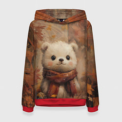 Толстовка-худи женская Белый мишка в шарфе, цвет: 3D-красный