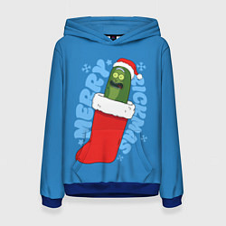 Толстовка-худи женская Новогодний Рик огурчик - Merry Rickmas, цвет: 3D-синий
