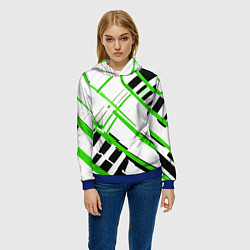 Толстовка-худи женская Зелёно-чёрные полосы на белом фоне, цвет: 3D-синий — фото 2