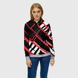 Толстовка-худи женская Красно-белые линии на чёрном фоне, цвет: 3D-меланж — фото 2