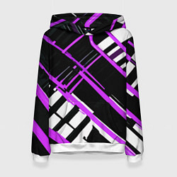 Толстовка-худи женская Фиолетово-белые линии на чёрном фоне, цвет: 3D-белый