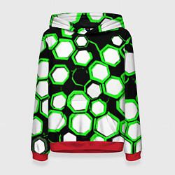Женская толстовка Бело-зелёные шестиугольники на чёрном фоне