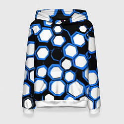 Толстовка-худи женская Бело-синие шестиугольники на чёрном фоне, цвет: 3D-белый
