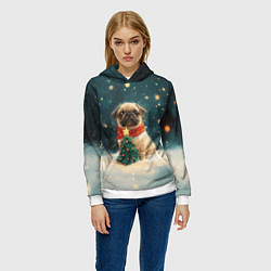 Толстовка-худи женская Мопс и маленькая елочка, цвет: 3D-белый — фото 2