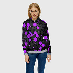 Толстовка-худи женская Фиолетово-серые шестиугольники на чёрном фоне, цвет: 3D-меланж — фото 2
