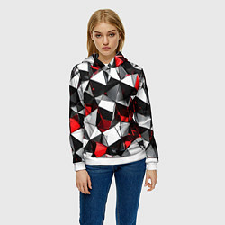 Толстовка-худи женская Красно-белые рельефные треугольники на чёрном фоне, цвет: 3D-белый — фото 2