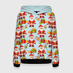 Толстовка-худи женская Новогодний паттерн с Сантой и подарками, цвет: 3D-черный