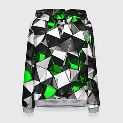 Толстовка-худи женская Зелёно-белые рельефные треугольники на чёрном фоне, цвет: 3D-меланж