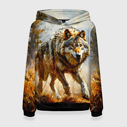 Толстовка-худи женская Волк в осеннем лесу, цвет: 3D-черный