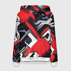 Толстовка-худи женская Красно-белый техно паттерн, цвет: 3D-белый
