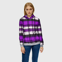 Толстовка-худи женская Фиолетово-белая ткань в клетку, цвет: 3D-меланж — фото 2