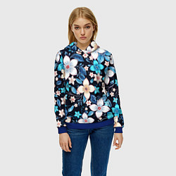 Толстовка-худи женская Сине-белые цветы на чёрном фоне, цвет: 3D-синий — фото 2