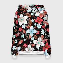 Толстовка-худи женская Красно-белые цветы на чёрном фоне, цвет: 3D-белый