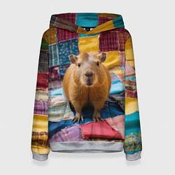 Толстовка-худи женская Капибара и пэчворк, цвет: 3D-меланж