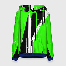 Толстовка-худи женская Чёрно-белые вертикальные полосы на зелёном фоне, цвет: 3D-синий