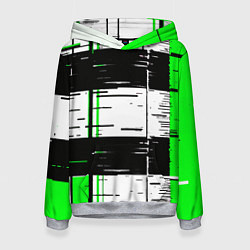 Толстовка-худи женская Зелёные и чёрные полосы на белом фоне, цвет: 3D-меланж
