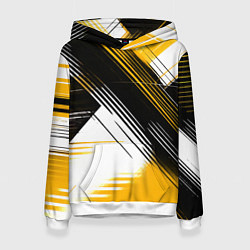 Толстовка-худи женская Диагональные жёлто-чёрные линии на белом фоне, цвет: 3D-белый