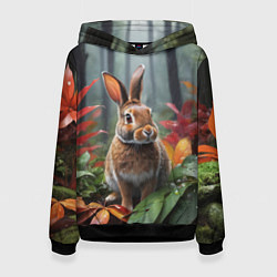 Толстовка-худи женская Кролик в дождливом лесу, цвет: 3D-черный