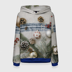 Толстовка-худи женская Новогодние украшения, цвет: 3D-синий
