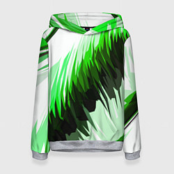 Толстовка-худи женская Чёрно-зелёные острые полосы на белом фоне, цвет: 3D-меланж