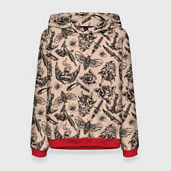 Толстовка-худи женская Татуировка с цикадой и демоном Они - паттерн, цвет: 3D-красный