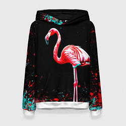 Толстовка-худи женская Фламинго на черном, цвет: 3D-белый