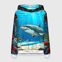 Толстовка-худи женская Акула в океане, цвет: 3D-белый