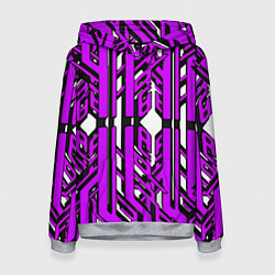 Толстовка-худи женская Чёрно-фиолетовые техно полосы на белом фоне, цвет: 3D-меланж