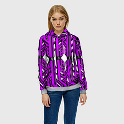 Толстовка-худи женская Чёрно-фиолетовые техно полосы на белом фоне, цвет: 3D-меланж — фото 2