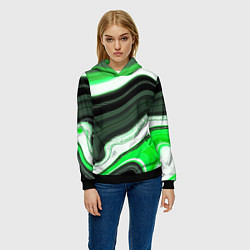 Толстовка-худи женская Волнистые горизонтальные чёрно-зелёные полосы на б, цвет: 3D-черный — фото 2