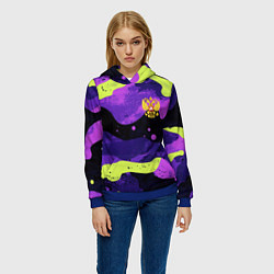 Толстовка-худи женская Черно-фиолетовый камуфляж и золотой герб РФ, цвет: 3D-синий — фото 2