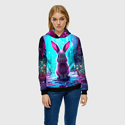 Толстовка-худи женская Зайчик в сказочном лесу, цвет: 3D-черный — фото 2