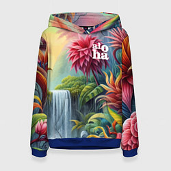 Толстовка-худи женская Гавайские тропические цветы - алоха, цвет: 3D-синий