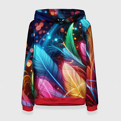 Толстовка-худи женская Яркие красочные неоновые перья, цвет: 3D-красный