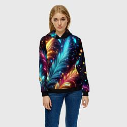 Толстовка-худи женская Неоновые разноцветные перья, цвет: 3D-черный — фото 2