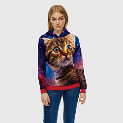 Толстовка-худи женская Шотландская прямоухая кошка в космосе, цвет: 3D-красный — фото 2