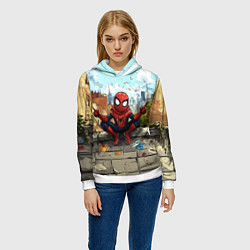 Толстовка-худи женская Маленький человек-паук в городе, цвет: 3D-белый — фото 2