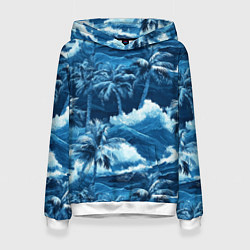Толстовка-худи женская Пальмы и волны - голубые оттенки паттерн, цвет: 3D-белый
