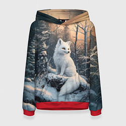 Толстовка-худи женская Белый лисенок в зимнем лесу, цвет: 3D-красный