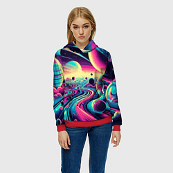 Толстовка-худи женская Неоновый разноцветный космос, цвет: 3D-красный — фото 2
