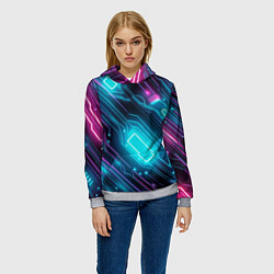 Толстовка-худи женская Неоновый узор киберпанк микросхемы, цвет: 3D-меланж — фото 2