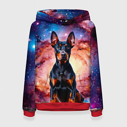 Толстовка-худи женская Доберман в космосе, цвет: 3D-красный