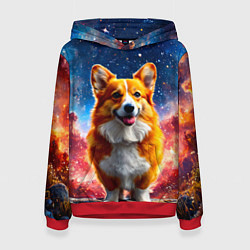 Толстовка-худи женская Корги и космическое небо, цвет: 3D-красный