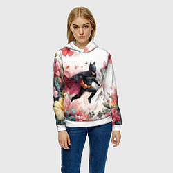 Толстовка-худи женская Бэтмен прыгает над цветами и бабочками, цвет: 3D-белый — фото 2