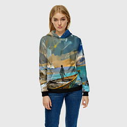 Толстовка-худи женская Мальчик и лодка, цвет: 3D-черный — фото 2