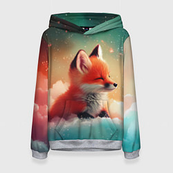 Толстовка-худи женская Милый лисенок спит на облаке, цвет: 3D-меланж