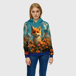Толстовка-худи женская Лисица в цветочном поле, цвет: 3D-синий — фото 2