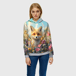 Толстовка-худи женская Лиса в цветочном поле, цвет: 3D-меланж — фото 2