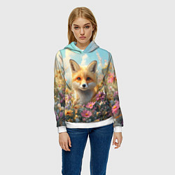 Толстовка-худи женская Лиса в цветочном поле, цвет: 3D-белый — фото 2