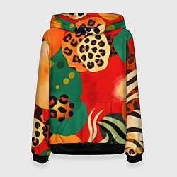 Толстовка-худи женская Анималистичный африканский паттерн, цвет: 3D-черный